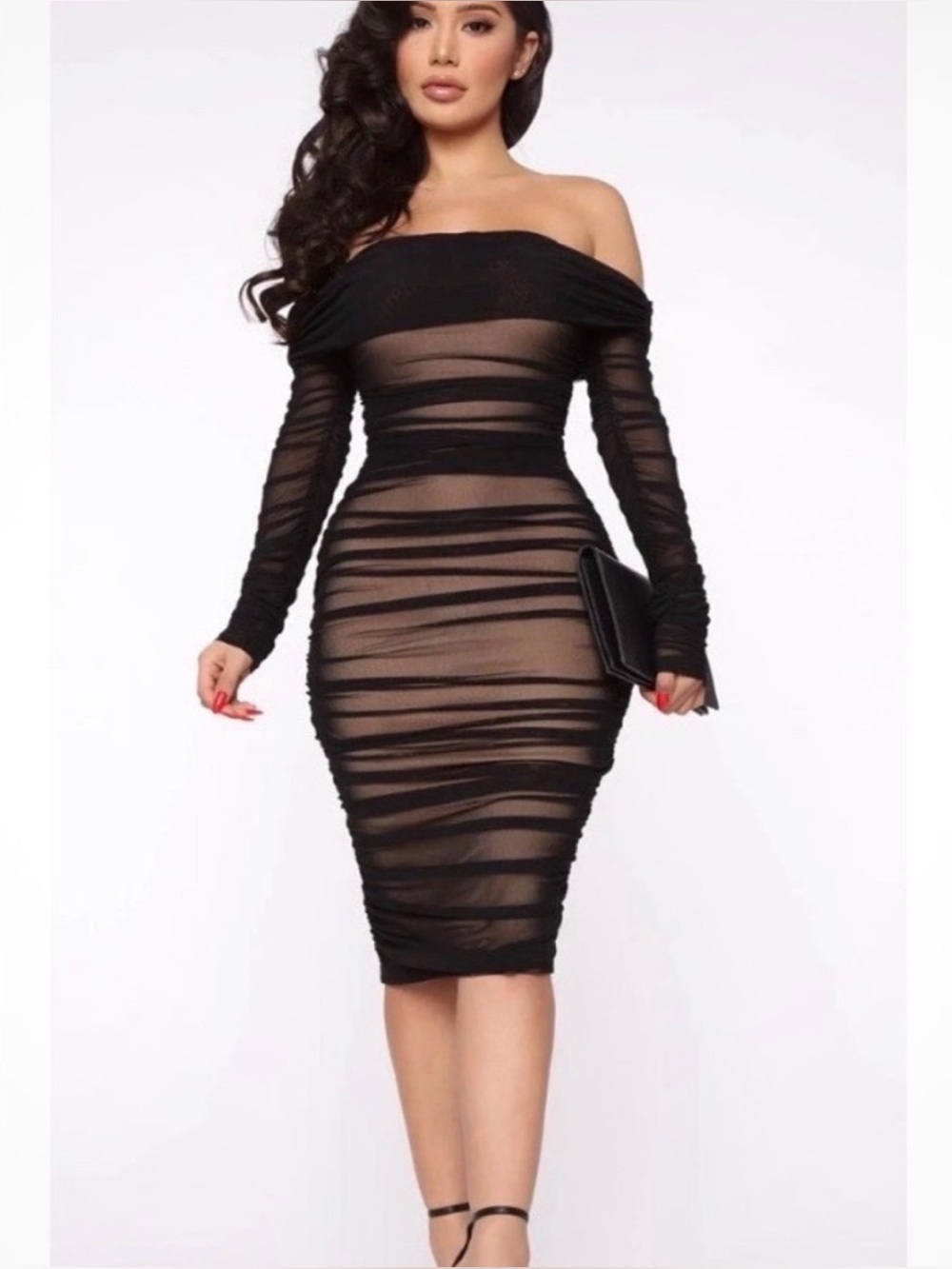 Fashion Nova Dress Women Black Size 1X Midi Ruched Off Shoulder Sexy!!